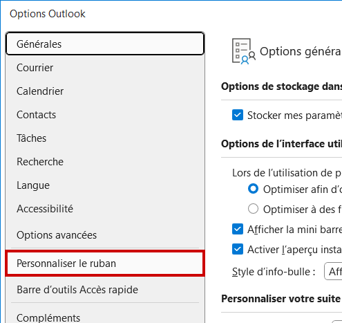 Outlook ajouter onglet Recherche Entrer dans Personnaliser le ruban