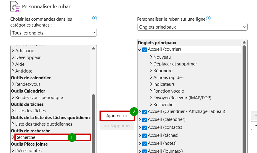 Outlook ajouter onglet Recherche Choisir onglet Recherche et faire Ajouter