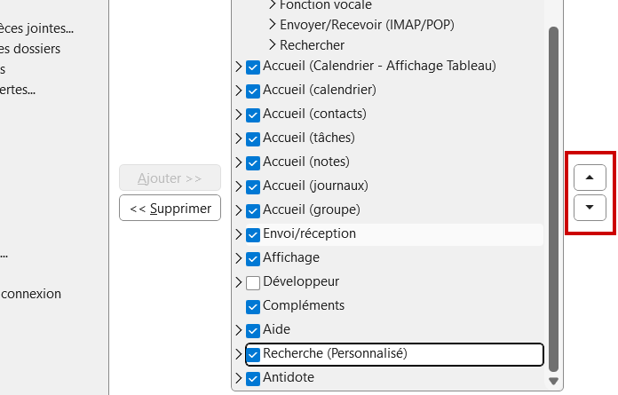 Outlook ajouter onglet Recherche Déplacer nouvel onglet dans le menu