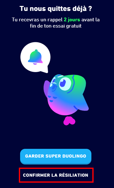 Comment supprimer un compte Duolingo - Confirmer la suppression de son abonnement Super Duolingo