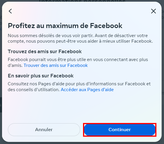 Supprimer Facebook garder Messenger - Confirmer la désactivation de son compte