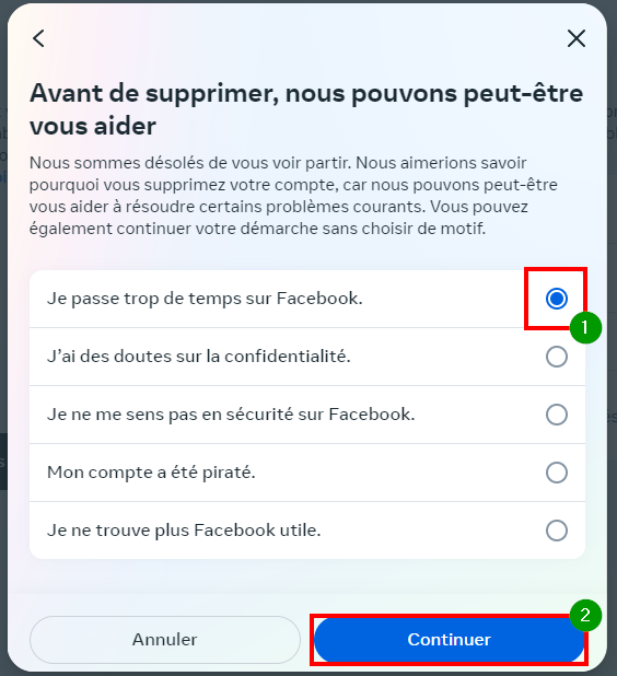 Supprimer Facebook garder Messenger - Sélectionner la raison de la suppression de son compte