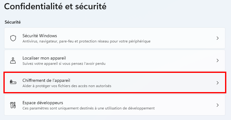 Désactiver BitLocker Windows 11 Chiffrement de l'appareil