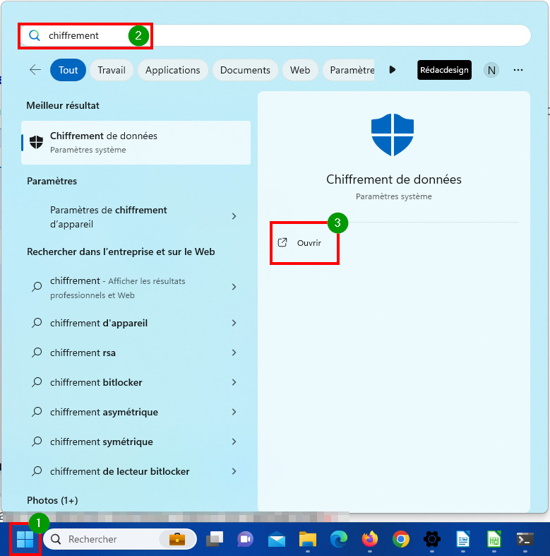Désactiver BitLocker Windows 11 Menu Démarrer taper chiffrement de données