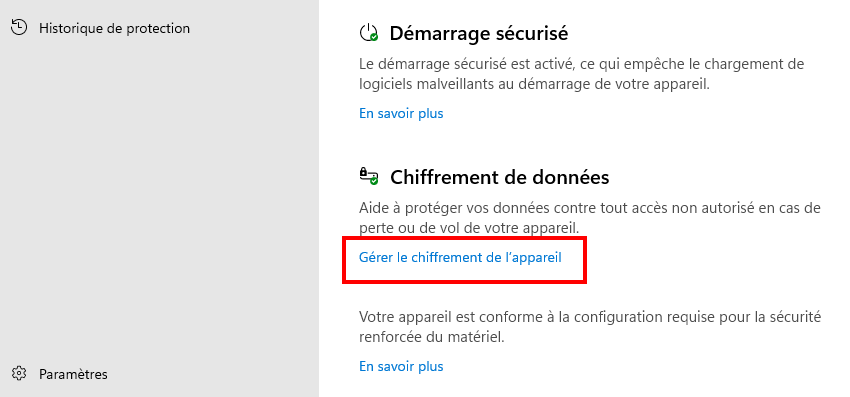 Désactiver BitLocker Windows 11 Gérer le chiffrement de l'appareil