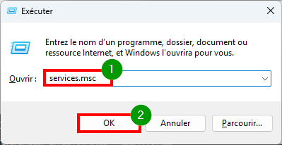 Désactiver BitLocker Windows 11 ouvrir Exécuter et taper services.msc