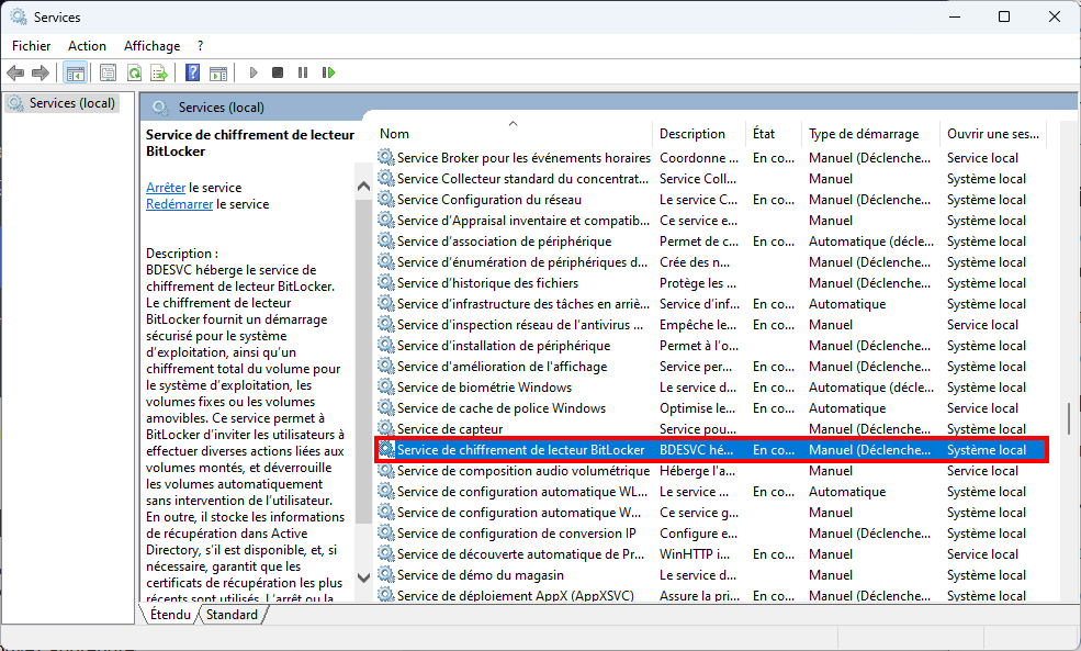 Désactiver BitLocker Windows 11 Ouvrir Service de chiffrement de lecteur BitLocker