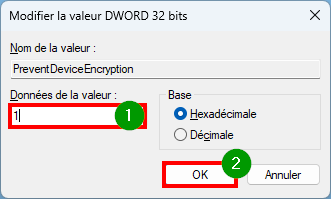 Désactiver BitLocker Windows 11 Données de la valeur 1