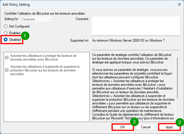 Désactiver BitLocker Windows 11 Choisir Disabled (désactivé) puis appliquer et OK