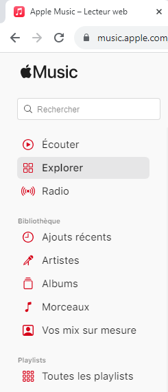 Menus d'Apple Music sur le web