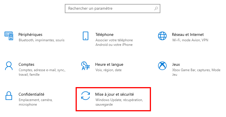 Récupérer les données d’une clé usb non reconnue - accéder à l'option mise à jour et sécurité