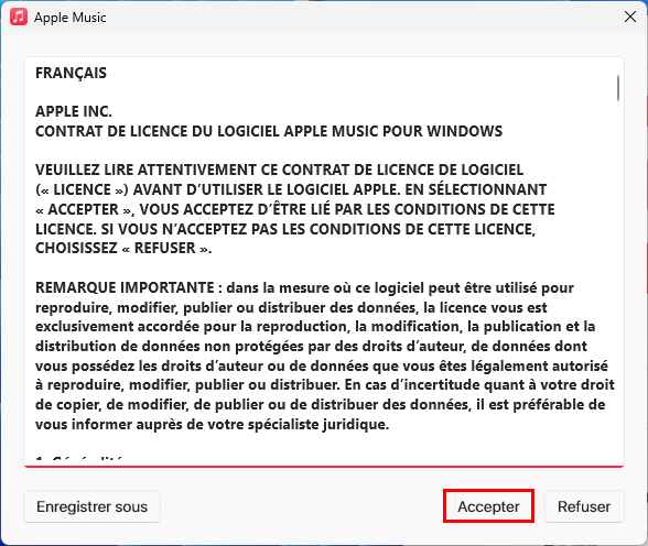 Accepter les conditions d'utilisation d'Apple Music sur Windows 10 et 11