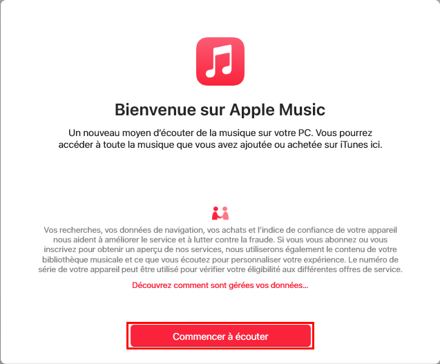 Écran de bienvenue à Apple Music sur Windows