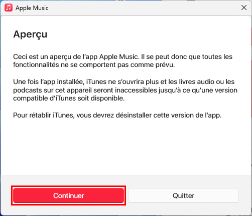 Écran de bienvenue d'Apple Music sur Windows 10 et 11
