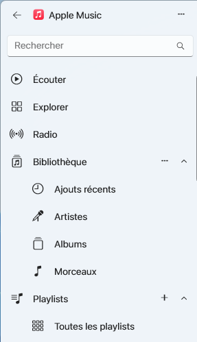 Menus de l'app Apple Music sur Windows