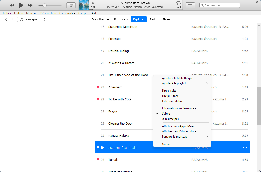 Options sur un morceau avec Apple Music sur iTunes pour Windows