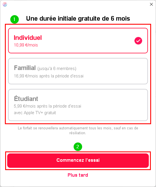 Choix de la formule Apple Music disponible sur Windows