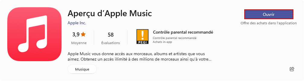 Ouvrir Apple Music depuis le Microsoft Store