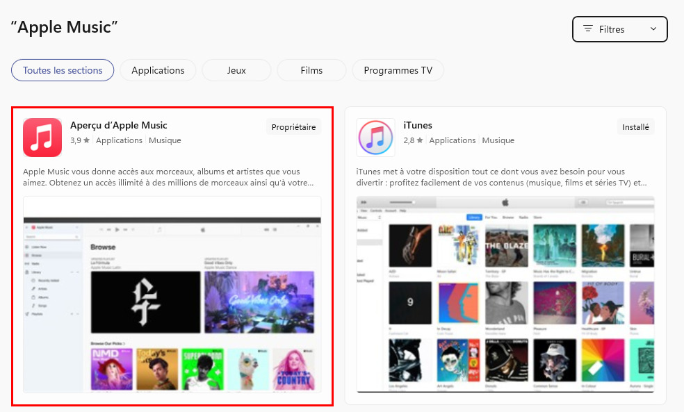 Fiche Apple Music dans le Microsoft Store