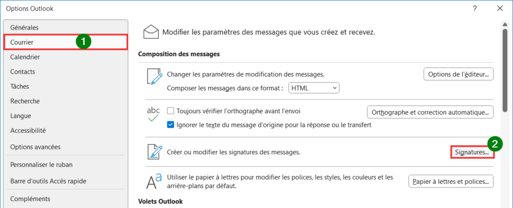 Outlook signature disparue - Aller dans Courrier puis Signatures
