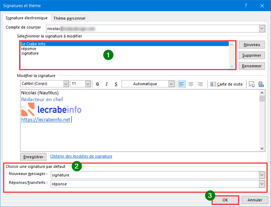 Outlook signature disparue - Sélectionner la signature puis valider par OK