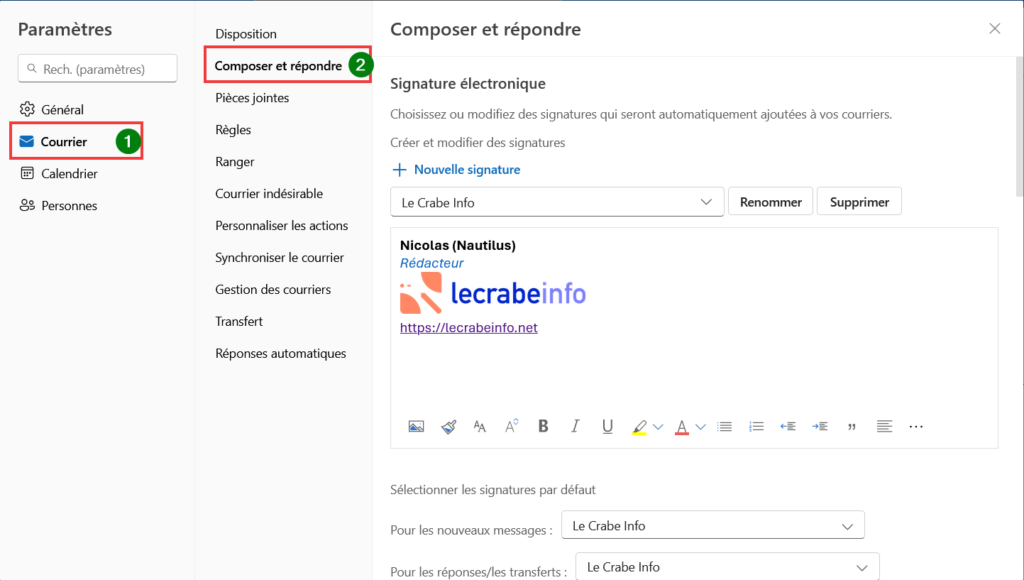 Outlook signature disparue - Aller dans Courrier puis Composer et répondre
