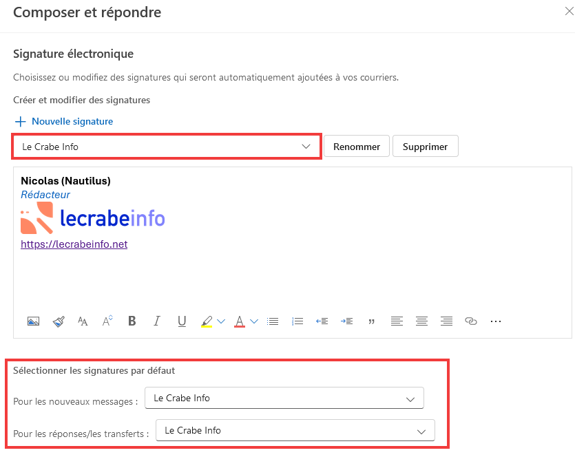 Outlook signature disparue - Sélectionner et vérifier les signatures pour les nouveaux messages