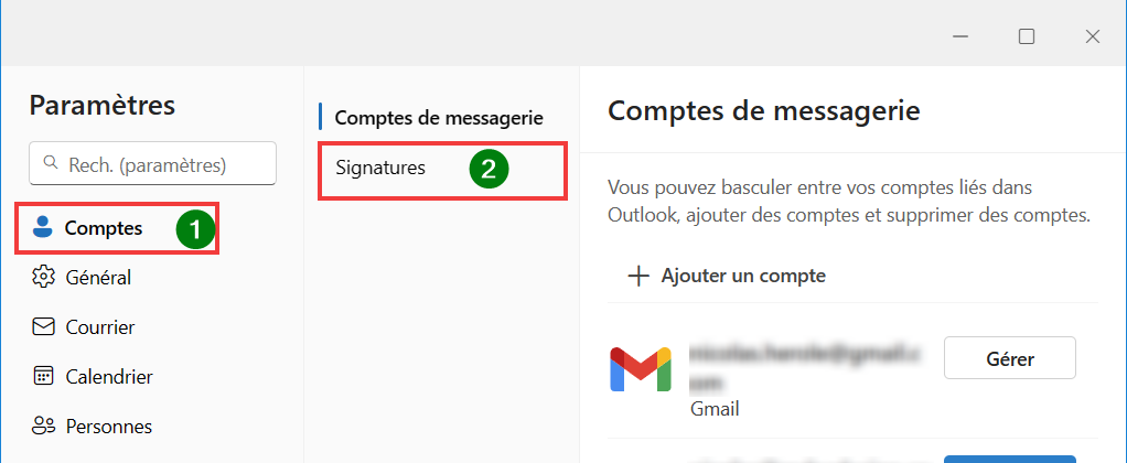 Outlook signature disparue - Aller dans Comptes puis Signatures