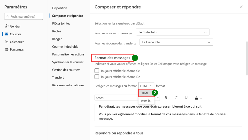 Outlook signature disparue - Format HTML dans Outlook.com