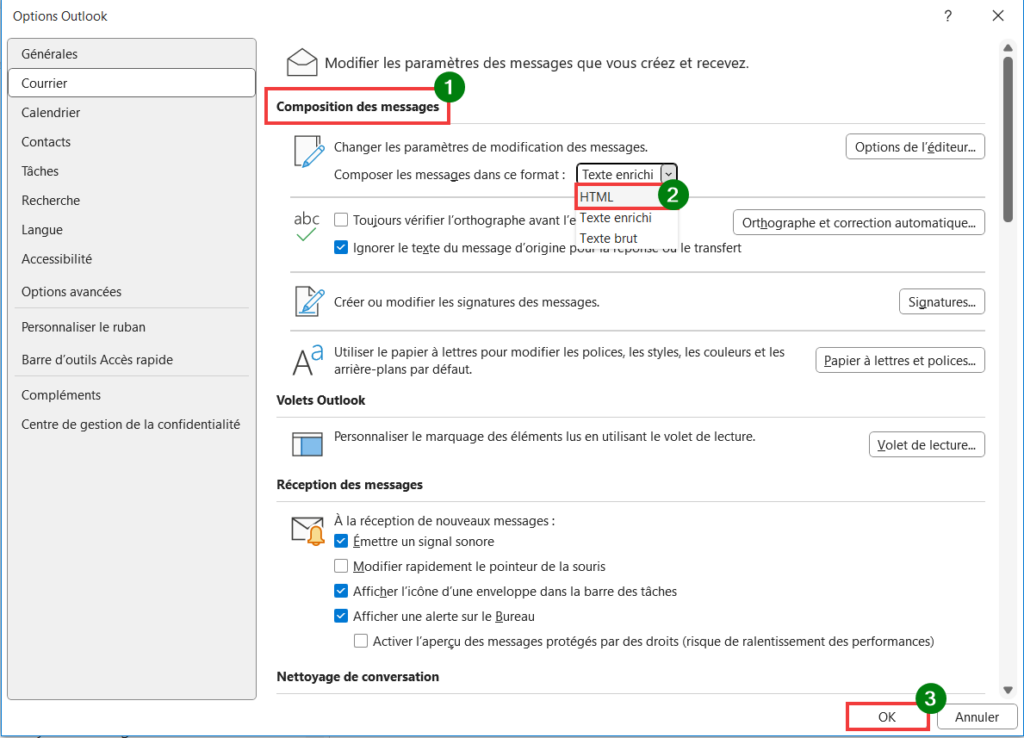 Outlook signature disparue - Choisir format HTML et OK