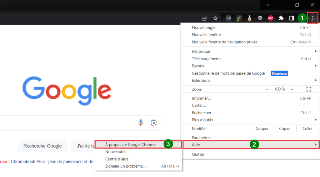 Outlook signature disparue - Chrome aller dans Trois points, Aide puis A propos