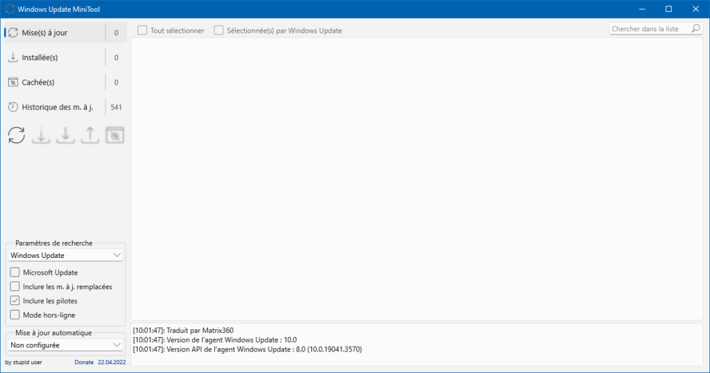 Ecran accueil de Windows Update Minitool