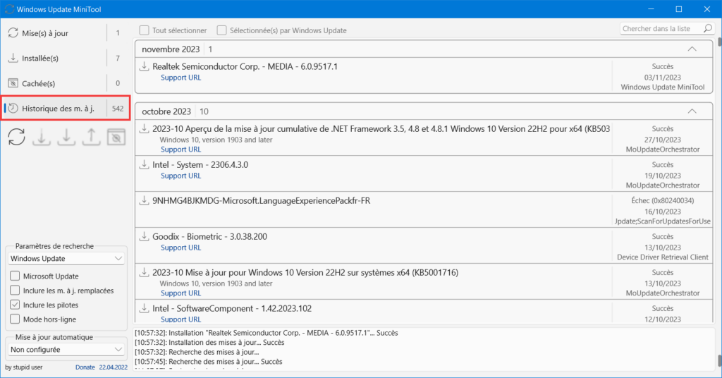 Windows Update MiniTool - Historique des mises à jour