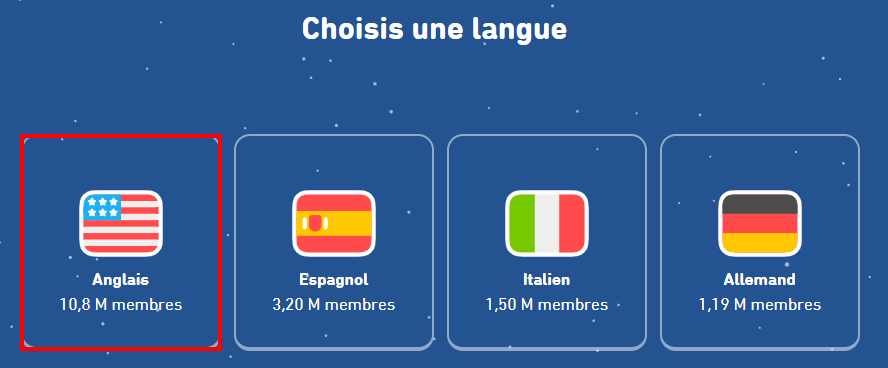 Comment supprimer un compte Duolingo - Choix de la langue à apprendre