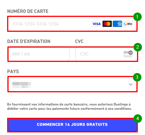 Comment supprimer un compte Duolingo - Entrer ses coordonnées bancaires sur Duolingo