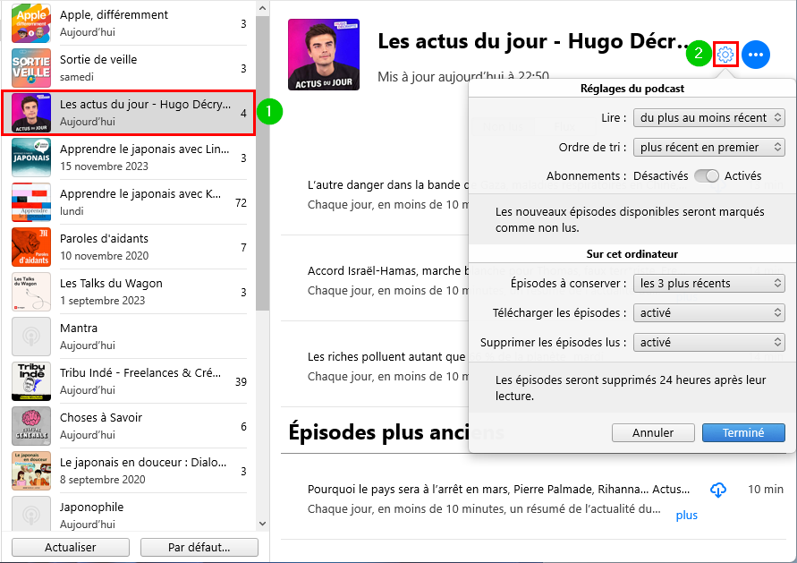 Réglages d'un podcast dans iTunes sur PC Windows