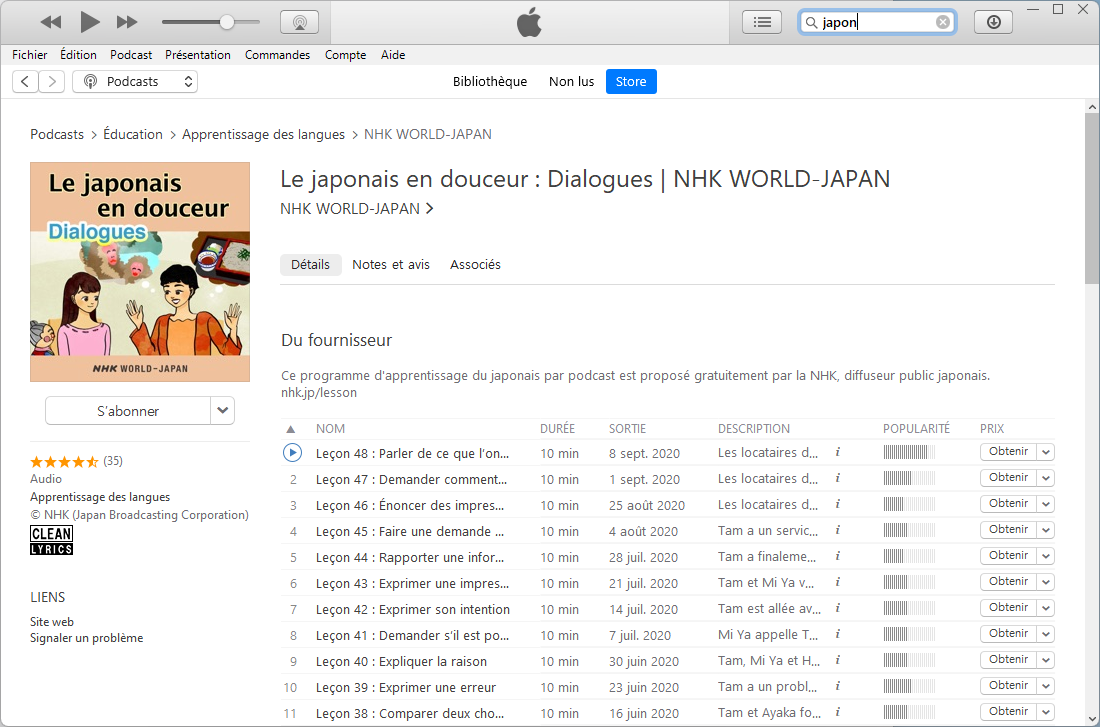 Dans le store des podcasts dans iTunes sur PC Windows