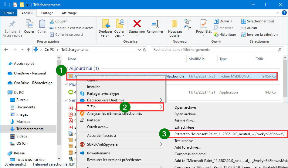 Installer Paint 11 sur Windows 10 Décompresser dossier