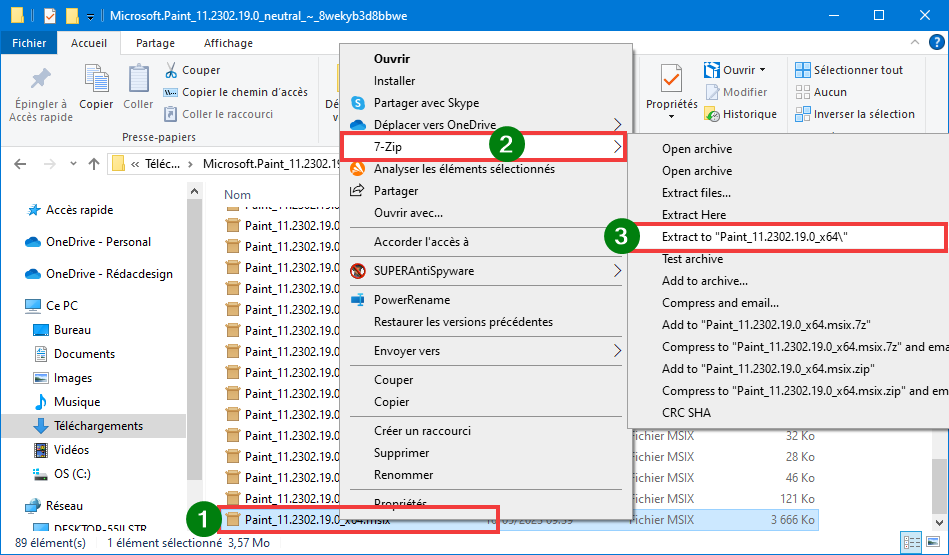 Installer Paint 11 sur Windows 10 décompresser le dossier x64
