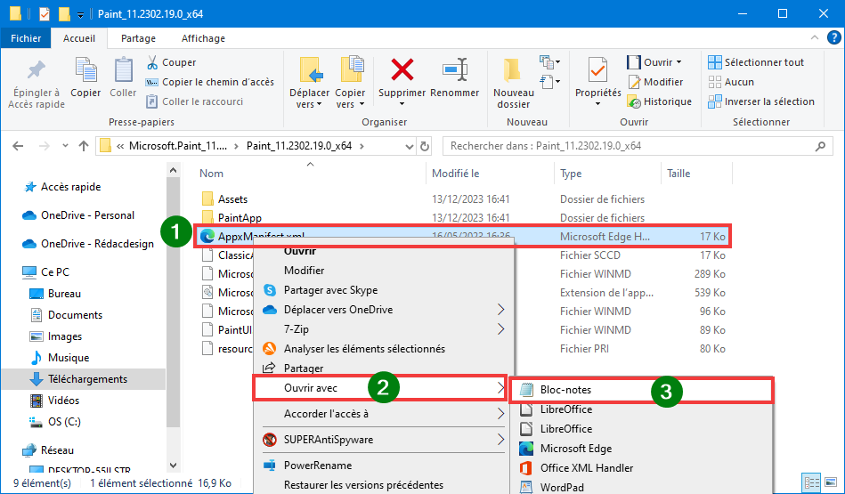 Installer Paint 11 sur Windows 10 Ouvrir AppxManifest dans Bloc-notes