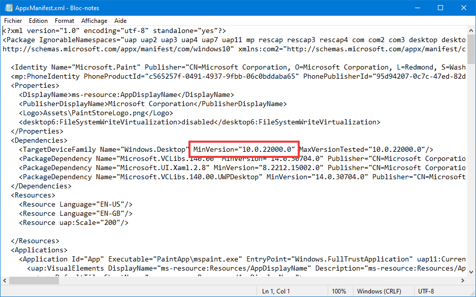 Installer Paint 11 sur Windows 10 Modifier le build de l'OS