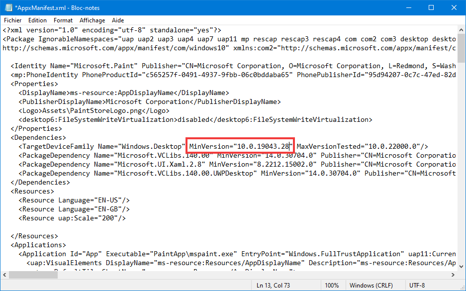 Installer Paint 11 sur Windows 10 nouveau numéro de build