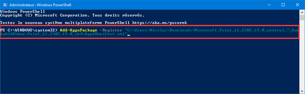 Installer Paint 11 sur Windows 10 Code PowerShell pour installer Paint 11