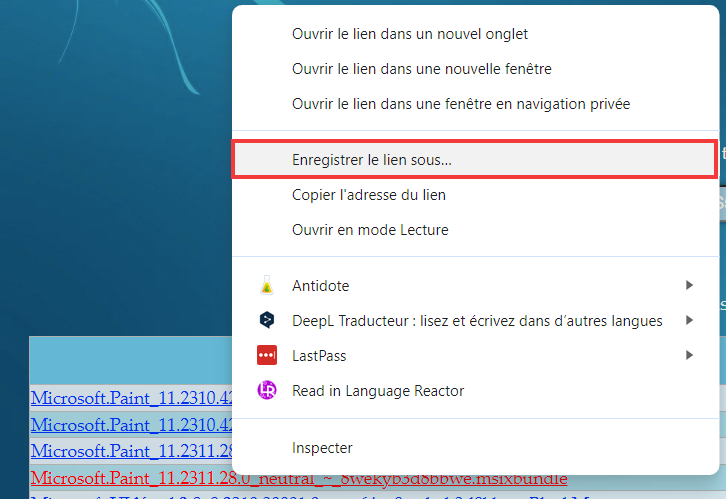 Installer Paint 11 sur Windows 10 clic droit enregistrer sous pour télécharger