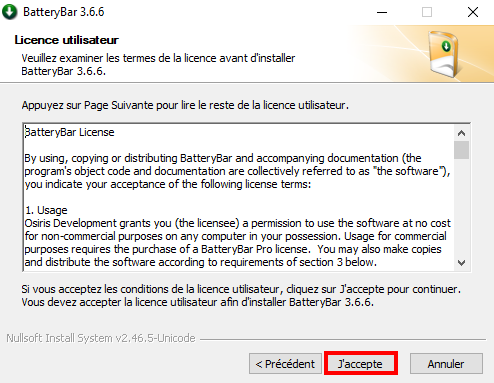 Afficher le pourcentage de batterie sur Windows 11 et 10 - Accepter l'installation de BatteryBar