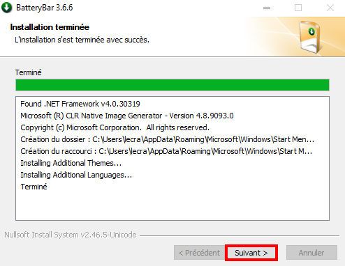 Afficher le pourcentage de batterie sur Windows 11 et 10 - L'application BatteryBar est installée