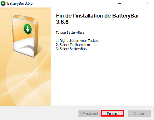 Afficher le pourcentage de batterie sur Windows 11 et 10 - Fermer la fenêtre d'installation de BatteryBar