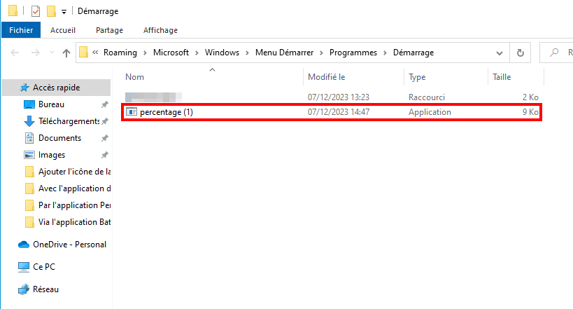 Afficher le pourcentage de batterie sur Windows 11 et 10 - Glisser-déposer le fichier de l'application Percentage dans le dossier de démarrage