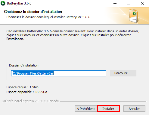 Afficher le pourcentage de batterie sur Windows 11 et 10 - Installer BatteryBar