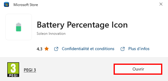 Afficher le pourcentage de batterie sur Windows 11 et 10 - Installer l'application Battery Percentage Icon
